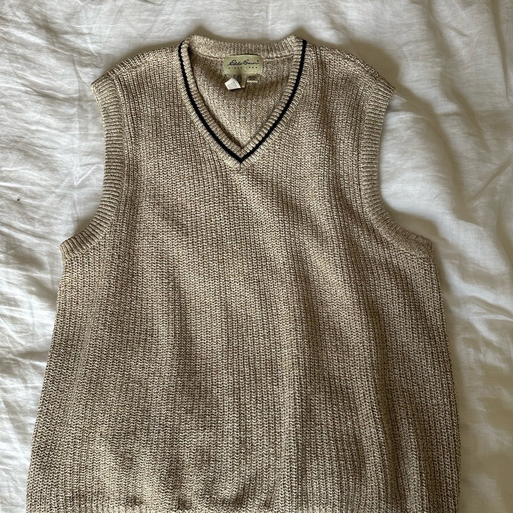 Eddie Bauer Tan V-Neck Knit Sweater Vest with Navy Trim